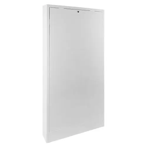 Weißer Aufputzschrank mit glatter Frontfläche, geeignet für Elektroinstallationen. Hergestellt von Wolf, bietet Platz für Schalt- und Sicherungselemente.